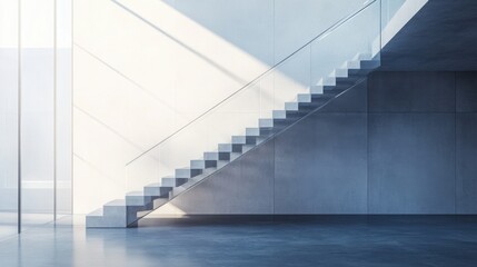 Obraz premium minimalist staircase in a modern office building, sleek glass railings, concrete steps, bright and open space