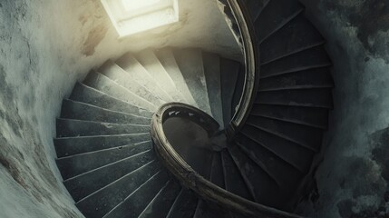 Fototapeta premium narrow spiral staircase in an old lighthouse, with worn steps, leading upwards towards the light