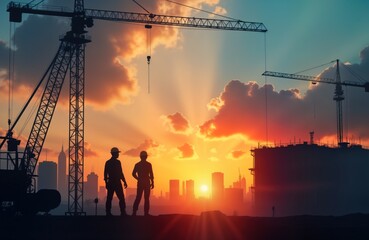 Silhouette of two construction workers stand at sunset city building site. Men wear hardhats. Construction cranes loom large. Urban skyline. Future city development. 2025 building project. Industrial