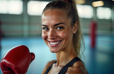 Smiling female boxer trains in gym. Happy athlete wears red boxing glove. Confident woman enjoys fitness. Active lifestyle. Sport training.