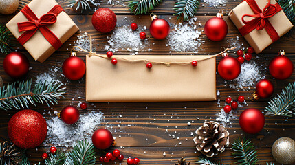Red Ornaments with Pine Cones  on Snowy Wooden Table Copy Space on the gift box for write 
