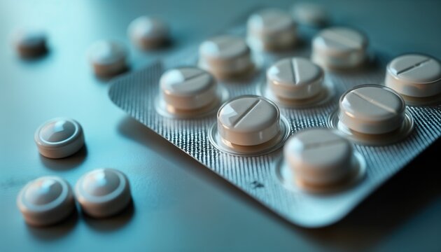 Close-up of abortion pills blister pack. Medication for medical termination. Reproductive healthcare. Pharmaceutical drug. Woman health. Family planning. Safe medical abortion pills. Contraception.