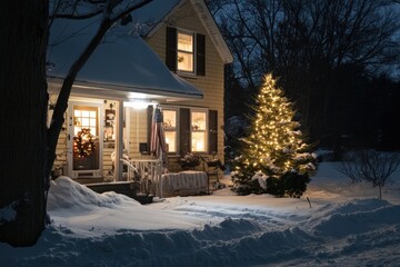 Snowy Night Christmas House Decorated Tree