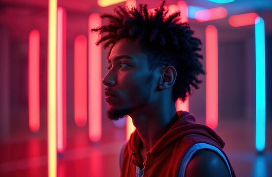 Young Black basketball player thinks. Man in casual wear contemplates. Neon lights illuminate urban scene. Athlete dreams. Intense mood. Youthful ambition.