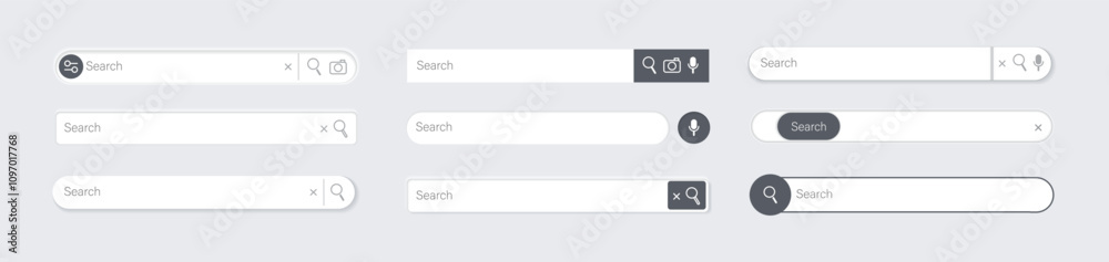 Poster search bar 3d. search internet box website ui, browser engine text field, navigation bar with button