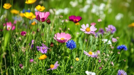 Vibrant Wildflowers Bloom In Lush Green Meadow