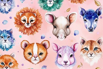 Obraz premium Whimsical Animal Watercolor Prints on Soft Pastel Backgrounds