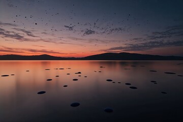 Naklejka premium Ethereal Sunset Gradient Texture with Amber and Navy Dots on Midnight Blue Background