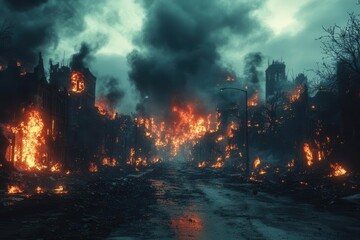 desolate urban street engulfed in flames, with billowing smoke and a hauntingly empty atmosphere. the scene captures an apocalyptic vision, ideal for a dystopian film poster