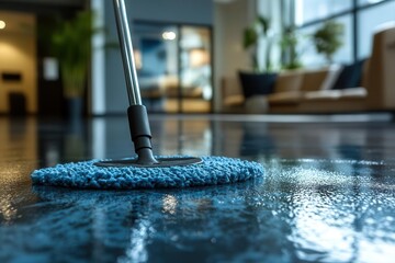 detail of a diligent cleaning service worker using a mop in a well-kept office space, highlighting the importance of cleanliness and professionalism in the workplace