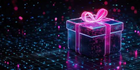 Neon Gift Box on Digital Grid Surface