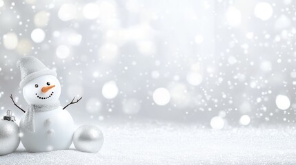 White snowy shiny background with white happy snowman with free space for text .Concept of the new year, Christmas. Suitable as a template for decoration, design banner, flyer, postcard, greeting card