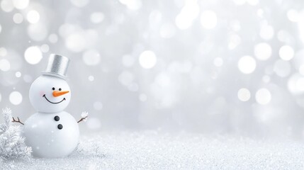 White snowy shiny background with white happy snowman with free space for text .Concept of the new year, Christmas. Suitable as a template for decoration, design banner, flyer, postcard, greeting card