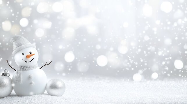 White snowy shiny background with white happy snowman with free space for text .Concept of the new year, Christmas. Suitable as a template for decoration, design banner, flyer, postcard, greeting card