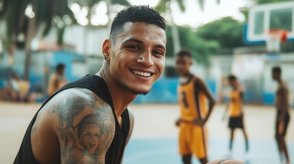 Smiling young Hispanic man with tattoos playing basketball on an outdoor court with teammates.