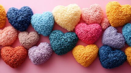 Colorful Plush Heart Shapes on Soft Pink Background