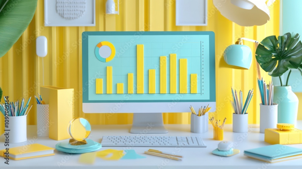 Poster A colorful workspace featuring a computer with a bar graph and vibrant decor.