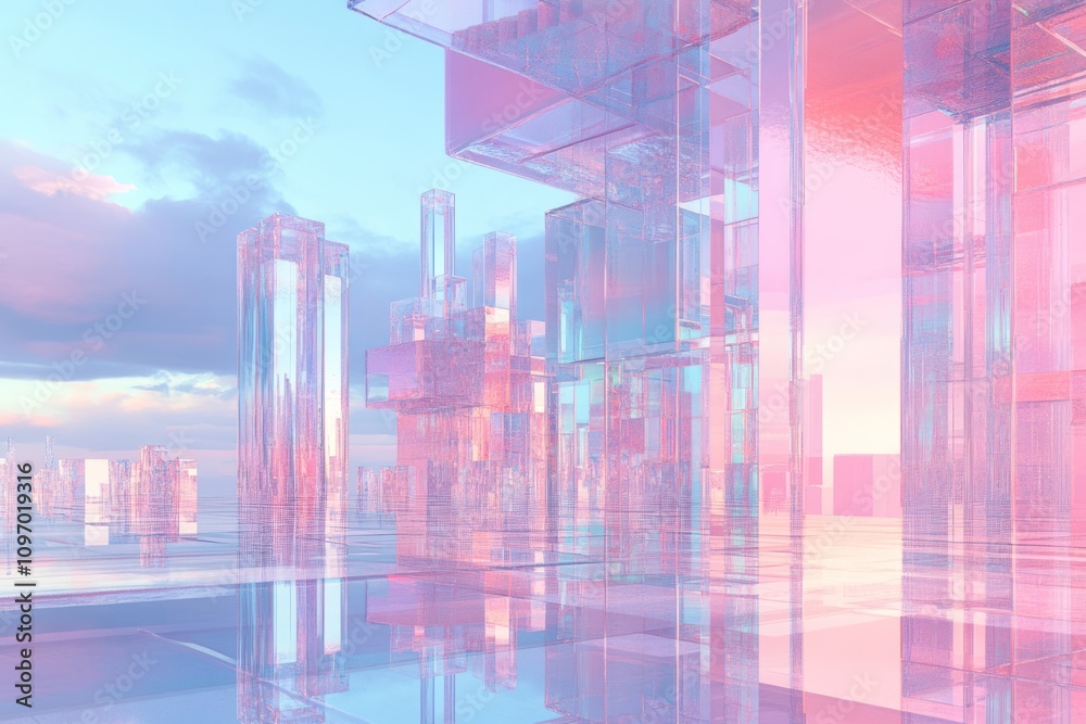 Poster a futuristic landscape of transparent structures reflecting light in pastel colors.
