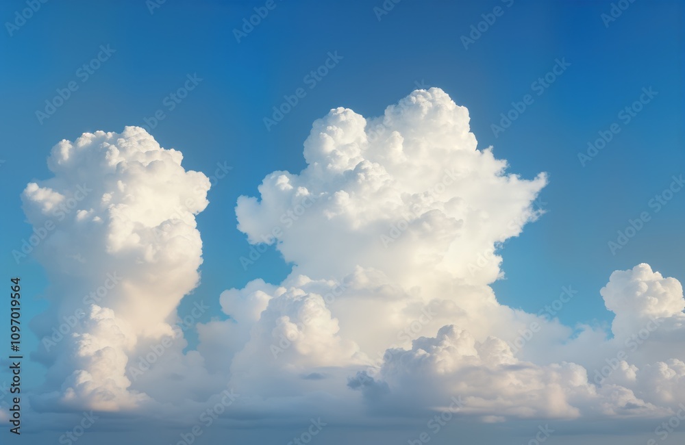 Poster blue summer sky cloudscape. white fluffy cumulus clouds float high. sunny day nature scene. bright l