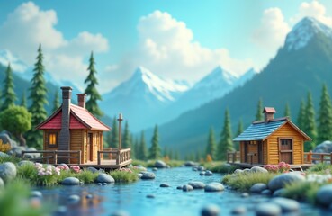 Fototapeta premium Miniature wooden houses by river. Mountain range background. New Year 2025 concept. Festive scene. Model houses. Holiday celebration preparation. Winter vacation. Small cottages. Christmas decor. New