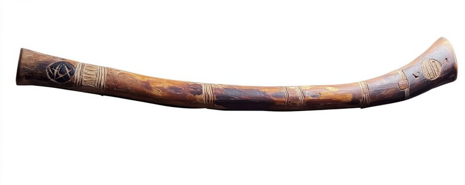 Ancient wooden didgeridoo with intricate carvings and natural finish