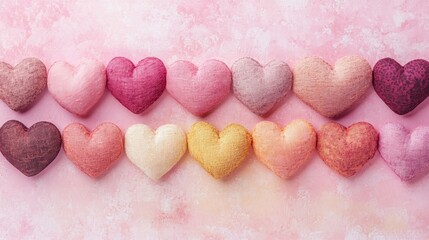 Obraz premium Colorful Fabric Hearts on a Soft Pink Background