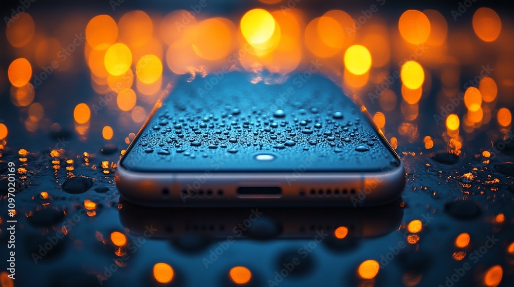 Poster Wet smartphone on reflective surface with bokeh lights.