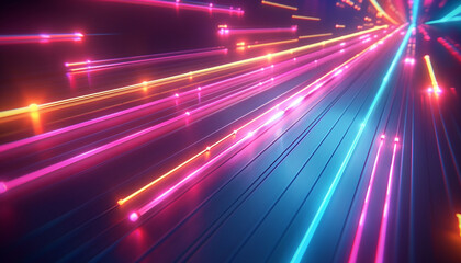 Fototapeta premium Colorful glowing neon lines in a sleek, modern design, isolated on a dark blue background, showcasing a high-tech ambiance for a dynamic night party or game environment.