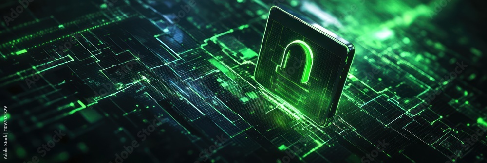 Aufkleber A digital representation of cybersecurity with a glowing unlocked padlock on a circuit background.