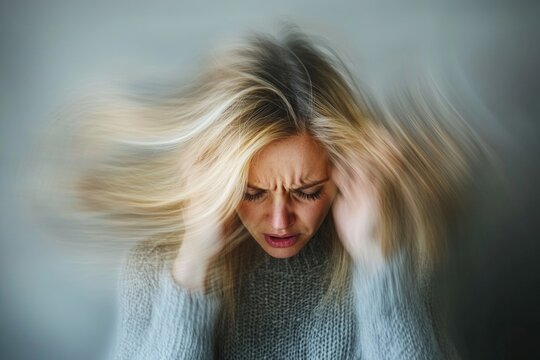Dizziness effects: Portraying woman experiencing vertigo, capturing physical confusion, emotional impact of balance challenges, health struggles, wellness, medical issues.