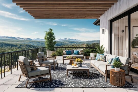 Sophisticated Outdoor Terrace Mockup Featuring Beautiful Landscape and Chic Decor