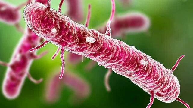 Microorganism details highlighting a bacterium in a vibrant green background with microscopic features on display