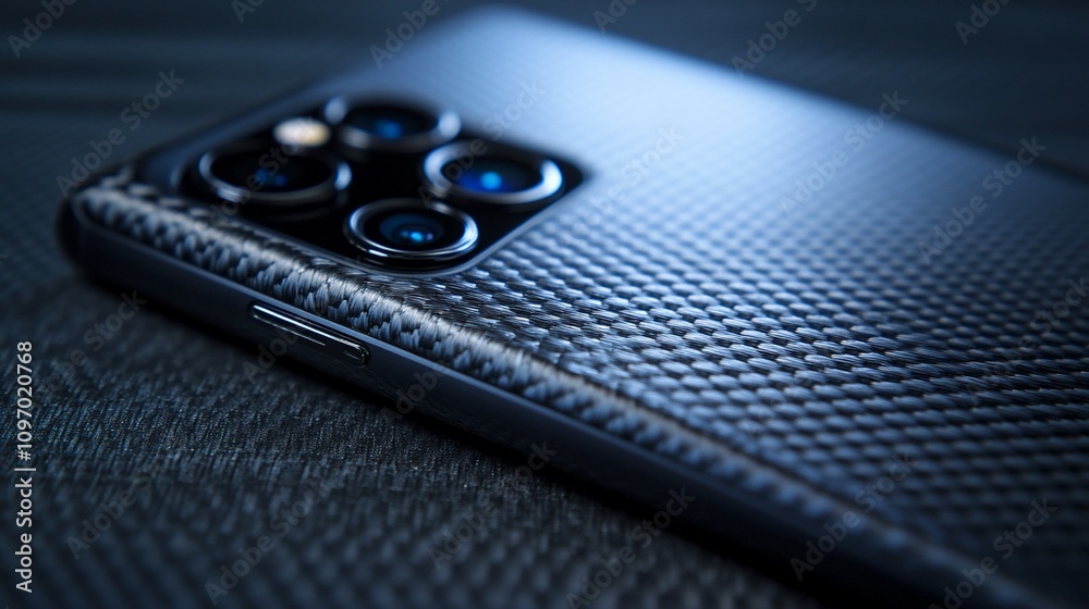 Poster close-up of a sleek smartphone with a textured back.