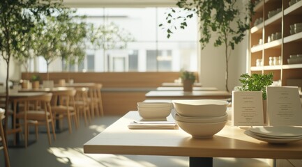 A serene restaurant interior with wooden tables, bowls, and greenery.