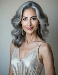 Beautiful mature woman with white hair dressed in sexy nightgown © planeta11