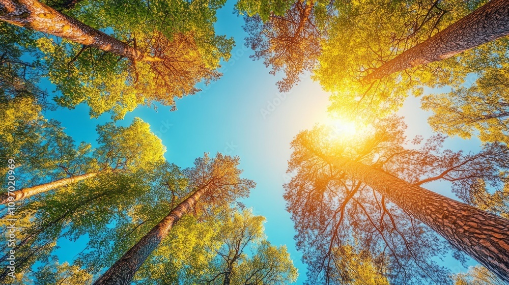 Poster a forest with trees in the background and a blue sky