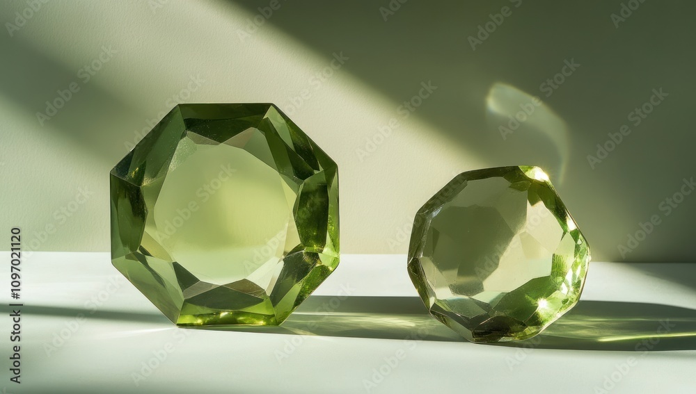 Aufkleber two faceted green glass objects casting shadows on a light surface.