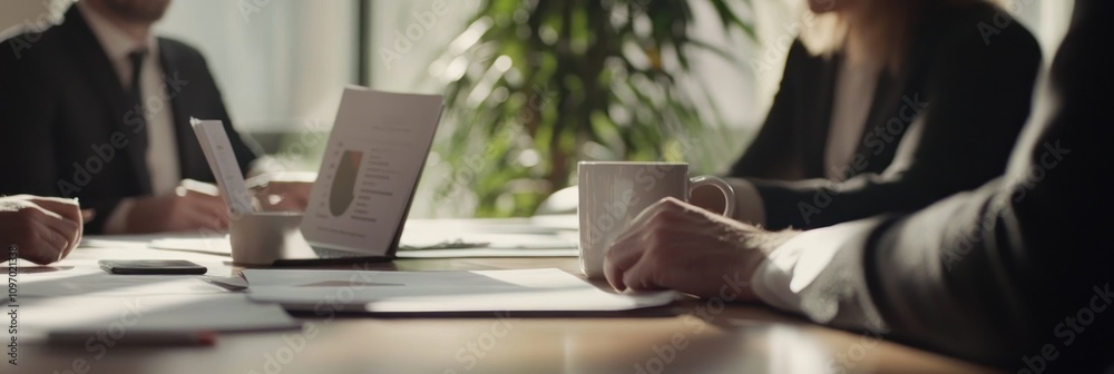 Poster a business meeting with documents and coffee cups on a table.