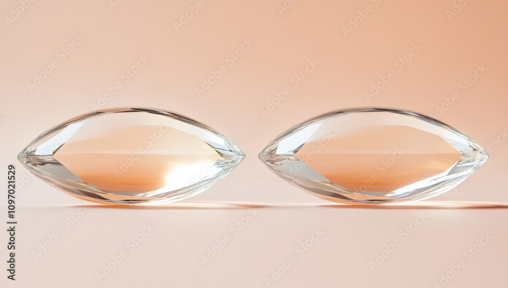 Poster two clear, faceted glass shapes on a soft gradient background.