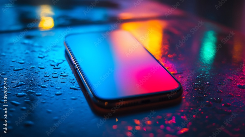 Poster smartphone on wet surface with colorful neon light reflections.