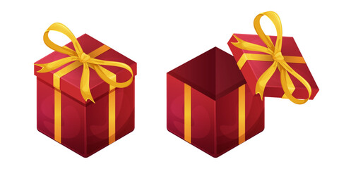Gift box for holiday, celebration and special sales offer. Set of open and closed red gift box with yellow silk ribbon bow. Christmas or birthday gift box with silk ribbon bow isolated