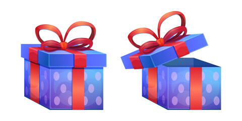 Gift box for holiday, celebration and special sales offer. Set of open and closed blue gift box with red silk ribbon bow. Christmas or birthday gift box with silk ribbon bow isolated