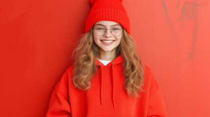 Fototapeta premium A cheerful portrait of a young woman in a bright red hoodie and matching beanie, exuding warmth and style, set against a vivid red background.