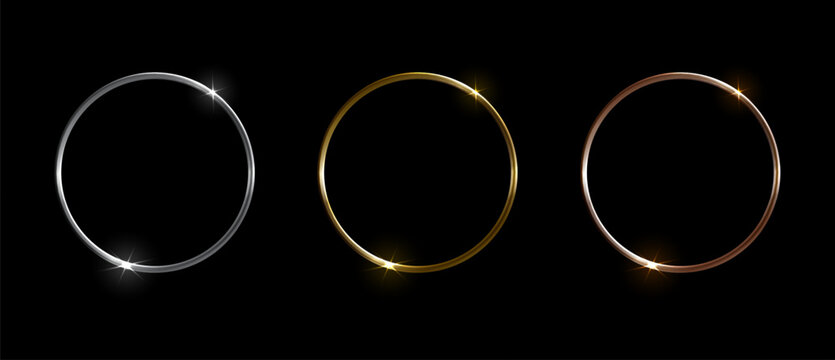 Gold, silver and bronze metal circle. 3d realistic round frames, shiny circular metallic ring borders with glare. Vector isolated set.