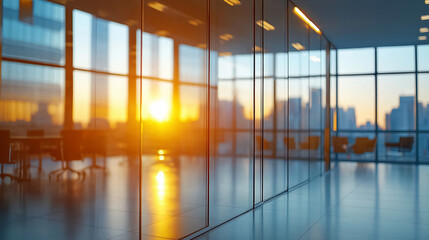 A modern office space with glass walls reflecting a vibrant sunrise, creating a warm and inspiring workspace atmosphere for creativity and collaboration.
