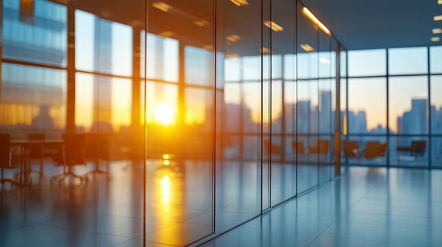 A modern office space with glass walls reflecting a vibrant sunrise, creating a warm and inspiring workspace atmosphere for creativity and collaboration.