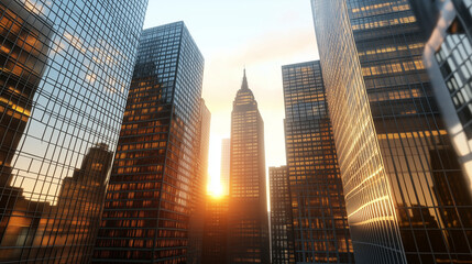 A captivating cityscape featuring towering skyscrapers bathed in warm sunset hues, reflecting light and showcasing modern urban architecture.