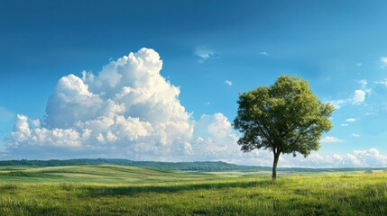 Fototapeta premium Lush Green Field with a Solitary Tree Under a Blue Sky