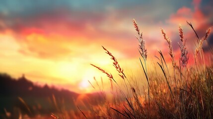 Naklejka premium Serene Sunset Over Wheat Field with Colorful Sky and Grass