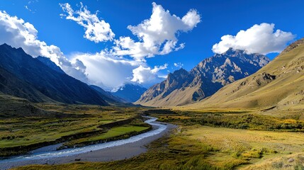Breathtaking Mountain Landscape with River and Dramatic Clouds